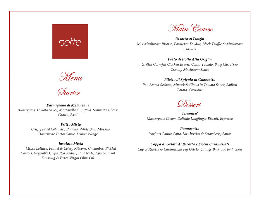 Exquisite Dinner for Two with House Drinks at Sette Restaurant