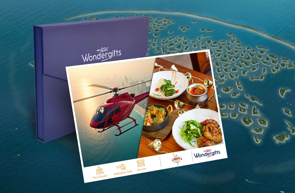 Exhilarating Helicopter Ride with Dinner at Ushna Restaurant in Atlantis for Two | ExperienceLifee LLC at Wondergifts